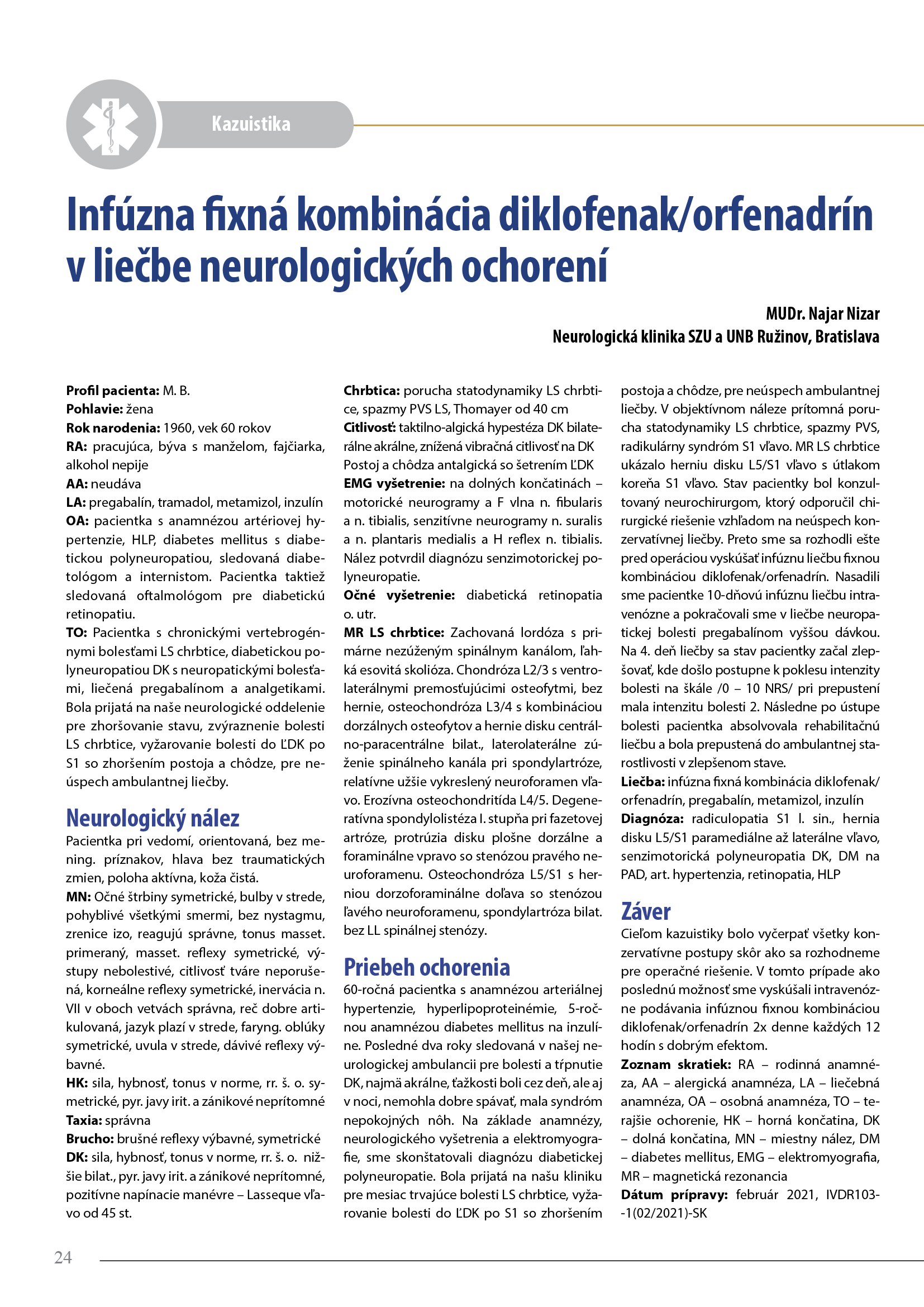 Infúzna fixná kombinácia diklofenak/orfenadrín v liečbe neurologických ochorení